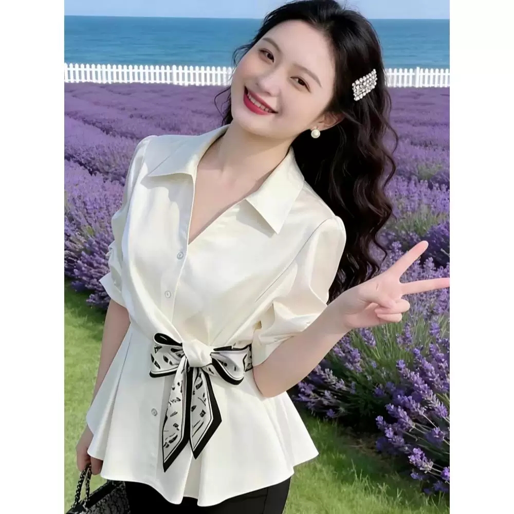 실크 여성 레트로 고급 센스 허리 수축 스카프 셔츠 여름 한국 스타일 프랑스식 디자인 센스 외국 가스 Chic 맨위