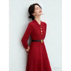 批发气质优雅针织连衣裙带腰带