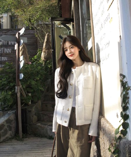 금속 버클 작은 샤넬 스타일 무거운 작업 고급 센스 짜임 트위드 화이트 솜을 넣은 재킷 맨위 여성 가을 겨울철 새로운