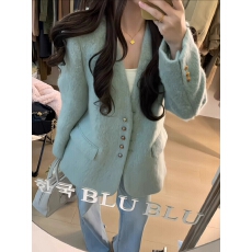 批发SAME 衫缦简约V领廓形浅淡绿毛呢<b class='q'>西装外套</b>冬季气质金属扣宽松上衣
