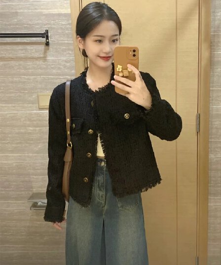 레트로 작은 키 명문 여성 고급 센스 짜임 트위드 작은 샤넬 스타일 쇼트 스타일 재킷 가을과 겨울