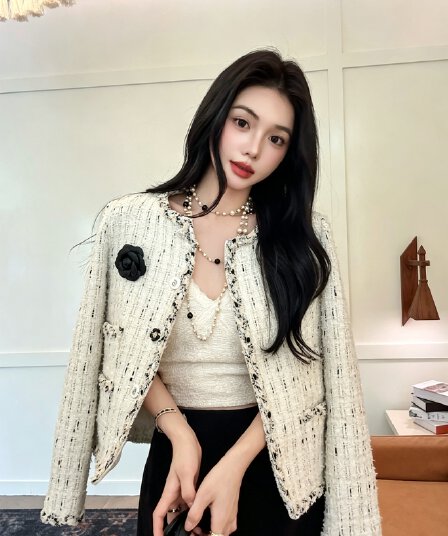 프랑스식 작은 샤넬 스타일 짧은 여성 코트 트위드 짜임 줄무늬 레이스 동백 나무 장식품 명문 여성 바람 가을 의상 맨위