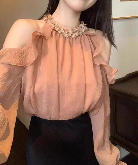 프랑스식 꽃 행침 목 긴팔 쉬폰 셔츠 여성 의류 이른 가을 새로운 패션 오프숄더 루즈핏 아름다운 작은 셔츠 맨위