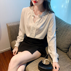 批发法式高级感白<b class='q'>衬衫</b><b class='q'>女</b>长袖春季新款设计感V领雪纺上衣<b class='q'>通勤</b><b class='q'>职业</b>