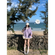 批发实拍  紫色V领立体花朵套头洋气慵懒风针织衫上衣蕾丝内搭套