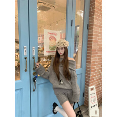 批发实拍 早秋韩chic气质针织<b class='q'>套装</b>一字肩毛衣+休闲<b class='q'>短裤</b>两件套