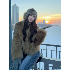 批发实拍  棕色环保狐狸毛皮草短款毛毛外套