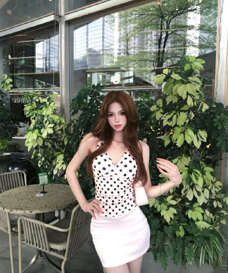 실사 순수한 욕망 섹시함 세트 여성 여름 새로운 도트 무늬 캐미솔 로우 웨이스트 반신 스커트 투피스 세트
