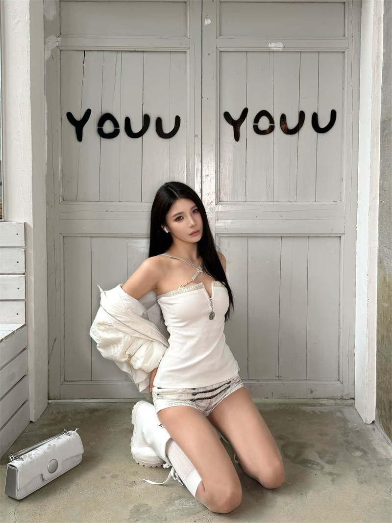 실사 작은 대중 디자인 외출용 행침 목 튜브탑 맨위 초단바지 투피스 슈트