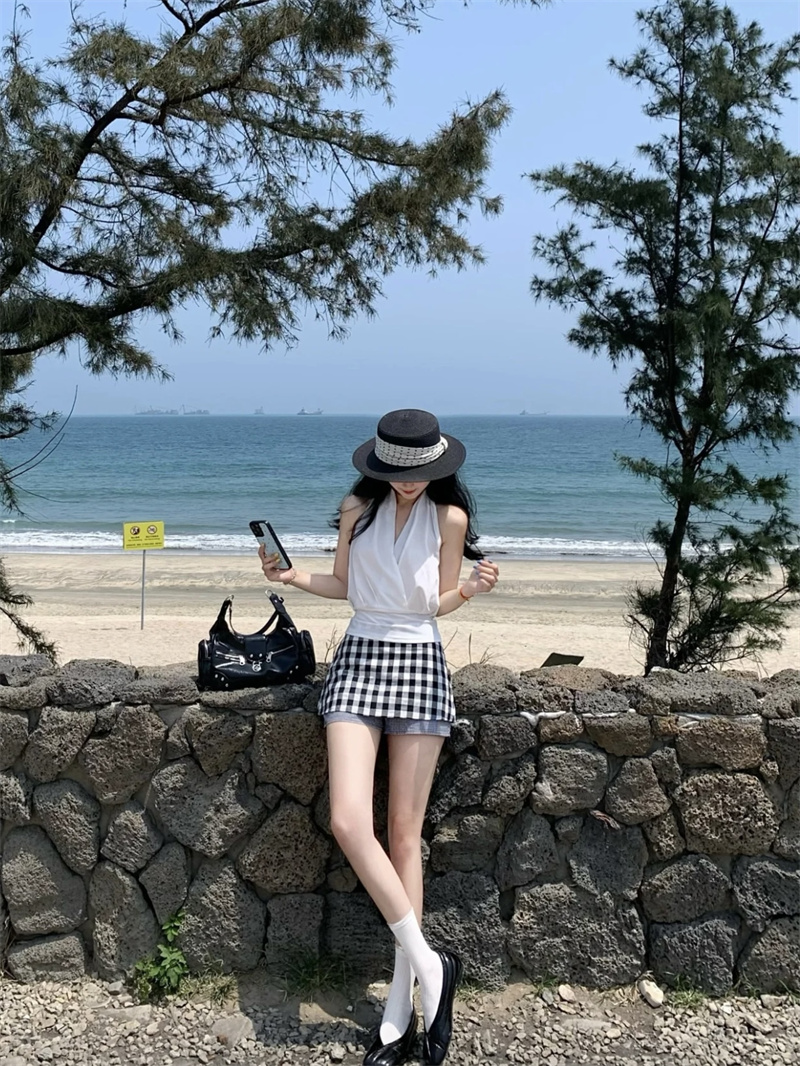 실사 십자가 수신 Pleat 화이트 행침 목 맨위 여성