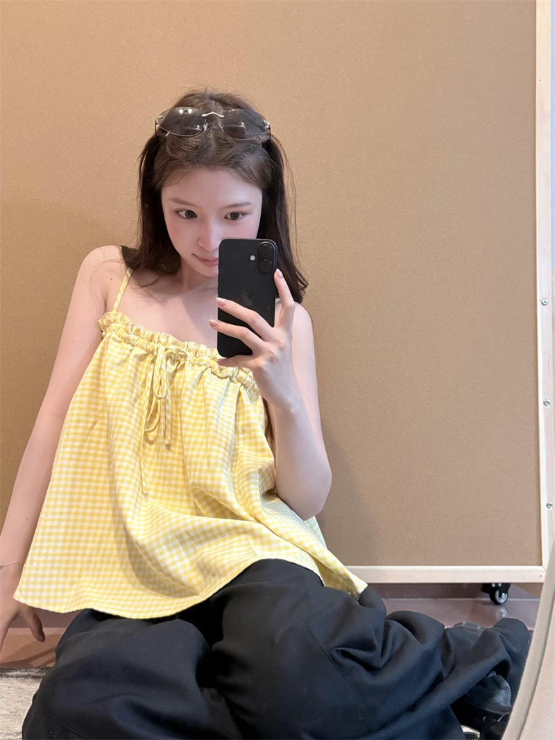 실사 한 부서 도파민 배색 체크무늬 캐미솔 펌프 Pleat 레이스업 몸매 가꾸기 슬림해 보이는 맨위