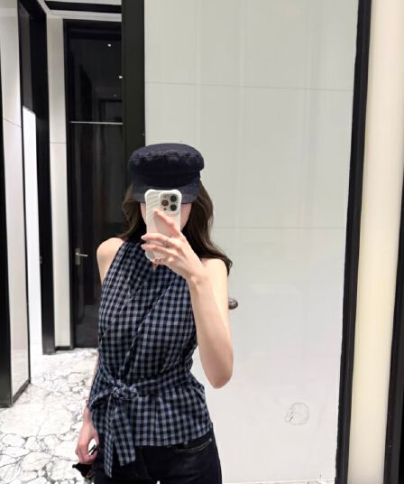 실사 한 부서 체크무늬 V넥 조끼 여성 스트랩 민소매 셔츠 몸매 가꾸기 슬림해 보이는 디자인 센스 맨위
