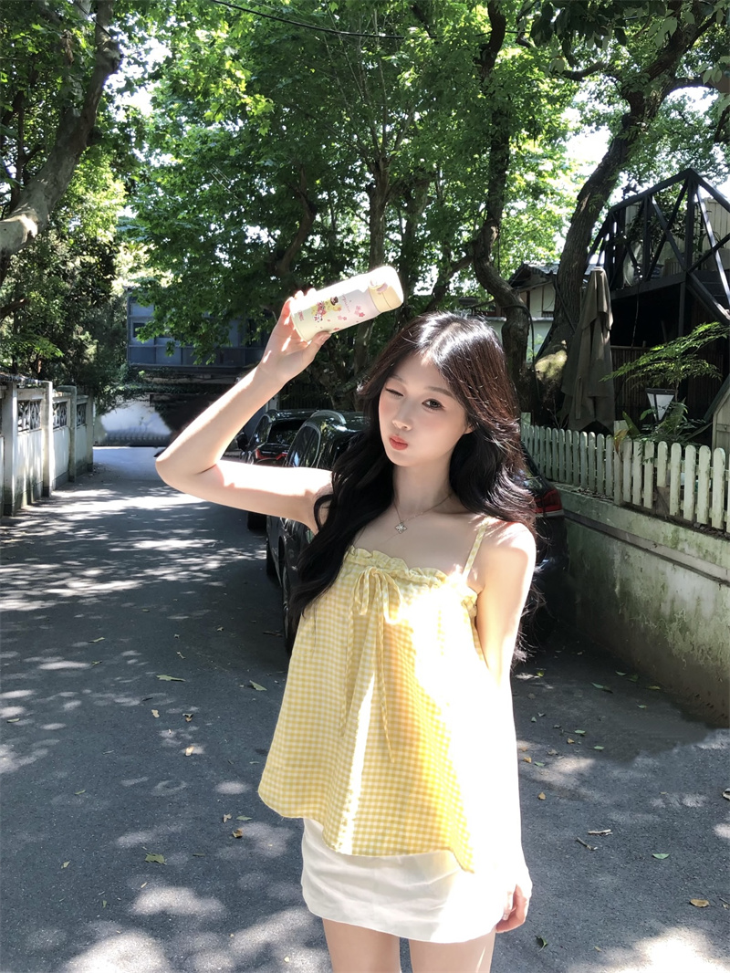 실사 한 부서 도파민 배색 체크무늬 캐미솔 펌프 Pleat 레이스업 몸매 가꾸기 슬림해 보이는 맨위