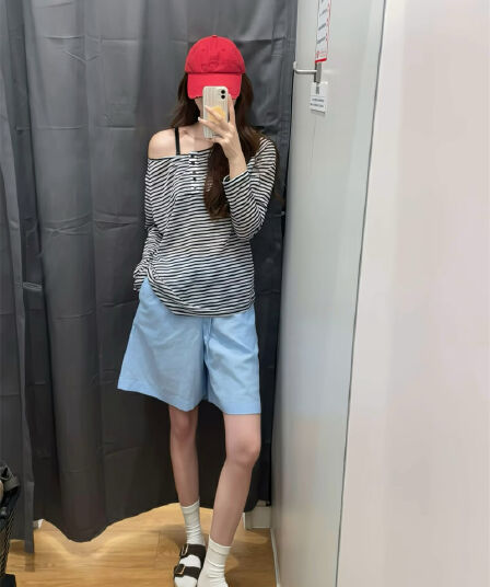 실사 느긋한 바람 한 부서 스트라이프 긴팔 티셔츠 여성 여름 느슨함 센스 얇은 스타일 마이크로 ~을 통해 자외선 차단 블라우스 맨위