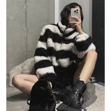 批发<b class='q'>韩国</b><b class='q'>代购</b><b class='q'>正品</b>女装秋冬休闲显瘦宽松拼色条纹夹棉毛绒绒外套