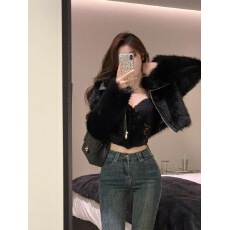 批发冬季2025新款仿狐狸毛拼接皮外套短款拉链环保皮草毛毛加厚年轻女