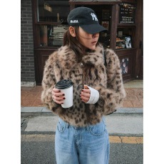 韩国东大门代购女装 野性仿皮草豹纹帅气夹克短外套