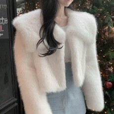 批发party秀 <b class='q'>韩国</b>代购韩系时尚翻领毛绒绒纯色女士<b class='q'>短外套</b>