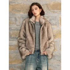 首尔月光 时髦霜色正肩小立领短款毛毛外套女皮草大衣