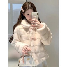 批发韩系温柔<b class='q'>甜美</b>风短外套女秋冬季水貂环保皮草娃娃领蝴蝶结保暖上衣