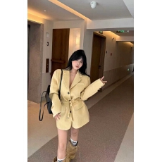 批发ALA秋季新款韩版气质单排扣宽松呢子西装女抽绳显瘦系带毛呢外套