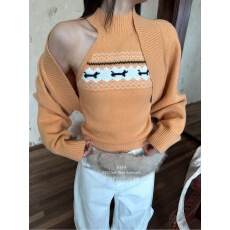 十三行FAFA2025冬季新款印花辣妹风针织背心毛衣开衫两件套