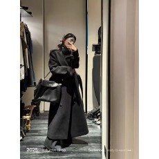 批发小香风毛呢双排扣大衣西装领外套女中长款收腰复古高级秋冬季