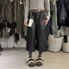 批发PLNH2025冬季新款时尚设计感高腰宽松显瘦蛋白皮磨毛靴裤休闲皮裤