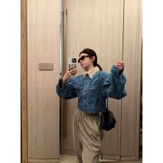 批发【北岛日记】韩版翻领拼接泡泡袖牛仔短外套