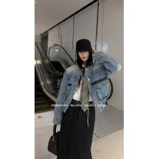 批发十三行秋冬韩版宽松休闲百搭撞色皮领短款工装牛仔夹克外套女