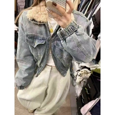 批发2025秋冬韩版时尚百搭宽松显瘦翻领羊卷毛牛仔夹棉外套女