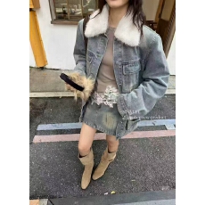 批发时尚套装女秋冬设计感廓形宽松毛领夹棉牛仔外套半身裙两件套ins