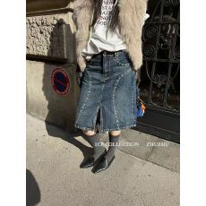 批发韩版<b class='q'>秋</b>冬新款美式高腰显瘦柳钉加绒直筒半身裙女