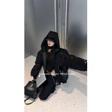 批发十三行新款酷感街头风连帽宽松喷溅印花夹棉保暖棉服外套