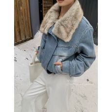 批发气质毛绒大翻领短款<b class='q'>牛仔</b><b class='q'>外套女</b>韩系时尚宽松显瘦百搭上衣潮