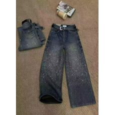 批发ins重工烫钻牛仔长裤女潮2025年秋季新款高腰宽松百搭欧货阔腿裤