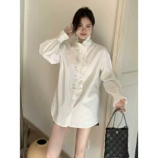 批发小香风法式纯色花边拼接喇叭袖<b class='q'>衬衫</b>女2025早春甜美宽松<b class='q'>长袖</b><b class='q'>衬衣</b>