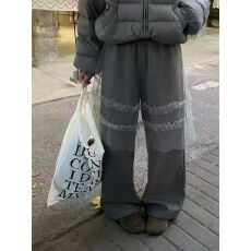 批发2025冬季新款设计感网纱围裙毛呢直筒裤女松紧腰小众休闲<b class='q'>长</b>裤