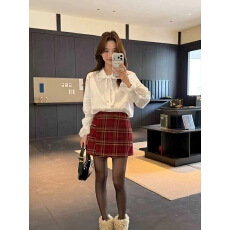 批发红色格纹裙半身裙女秋冬美式复古A字短裙子毛呢裙裤