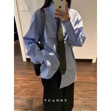 批发<b class='q'>欧美</b>高街条纹蓝色衬衫领带系小众设计感宽松衬衣