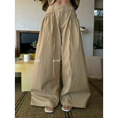 批发Liu-Liu-26年早春卡其色高腰垂感阔腿长裤休闲裤