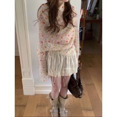 批发春季不规则抽绳荡领<b class='q'>碎花</b>上衣女韩系chic别致小衫薄纱罩衫