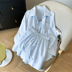 批发实拍新款<b class='q'>韩版</b>宽松通勤三件套装长袖防晒<b class='q'>衬衫</b>字母背心短裤通勤女