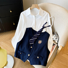 批发实拍复古英伦学院风jk套装25秋衬衫马甲领带高腰百褶半身裙<b class='q'>两件</b>女