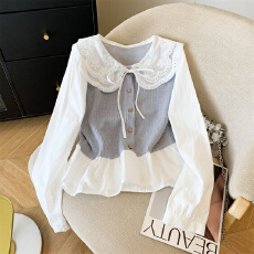 批发日系文艺娃娃领假两件上衣25秋冬<b class='q'>蕾丝</b>系带长袖针织马甲拼接衬衫女
