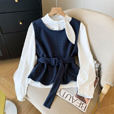 批发复古法式<b class='q'>波点</b>毛呢收腰马甲背心白色<b class='q'>衬衫</b>套装25秋冬气质两件不挑人