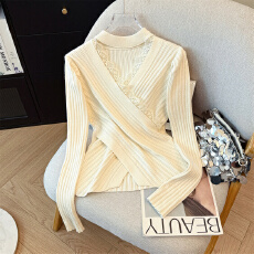 批发实拍~纯欲蕾丝拼接温柔风针织打底衫25秋冬加厚<b class='q'>不规则</b>围脖毛衣女