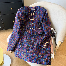 批发实拍~加棉加厚小香风套装25秋冬气质粗花呢短外套＋半身短裙两件