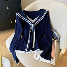 批发实拍~甜美学院海军领蕾丝拼接V领长袖上衣T恤秋<b class='q'>冬</b>打底衫女减龄