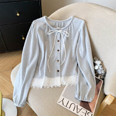 批发已出货~实拍~温柔风奶油色韩系小衫春夏<b class='q'>蕾丝</b>拼接圆领长袖衬衫女